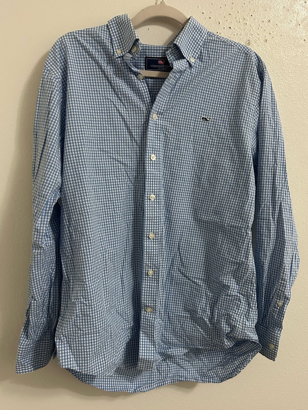 Vineyard Vines light blue and white checkered slim fit whale button down shirt